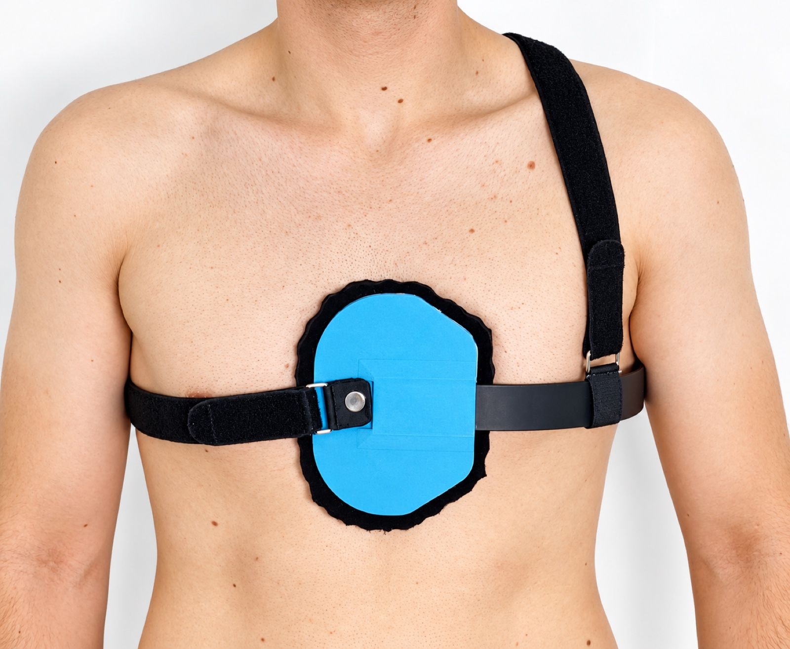Kielbrust-Orthese von Kächele aus dem 3D-Druck, von vorne am Oberkörper getragen