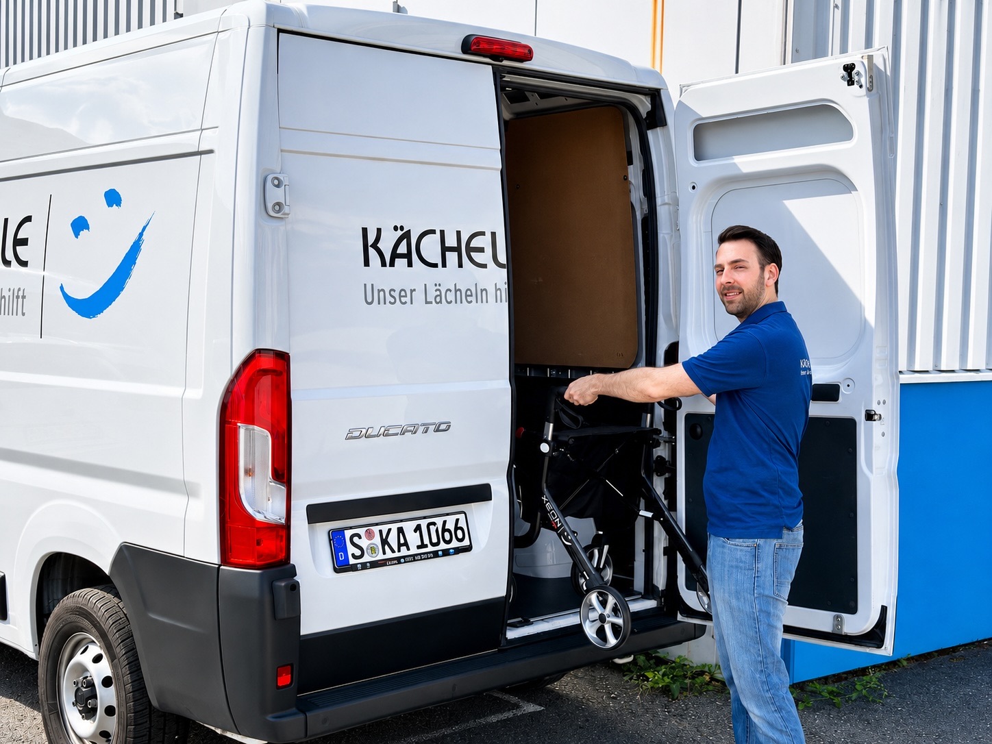 Kächele-Servicetechniker lädt einen Rollator ins Lieferfahrzeug – Miet-Hilfsmittel werden im Großraum Stuttgart nach Hause geliefert